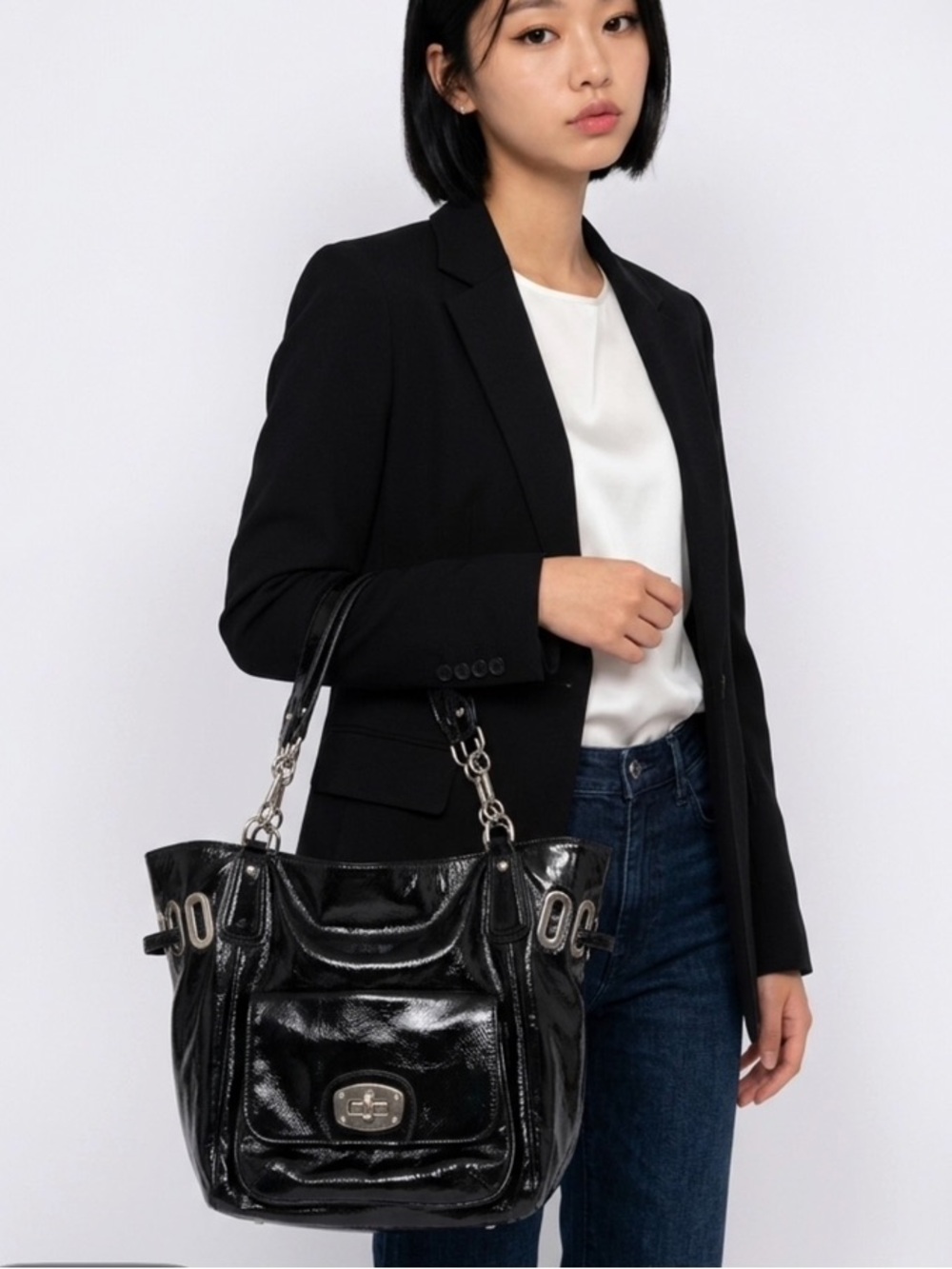 Large black bag patent leather bag chain strap Naturalizer